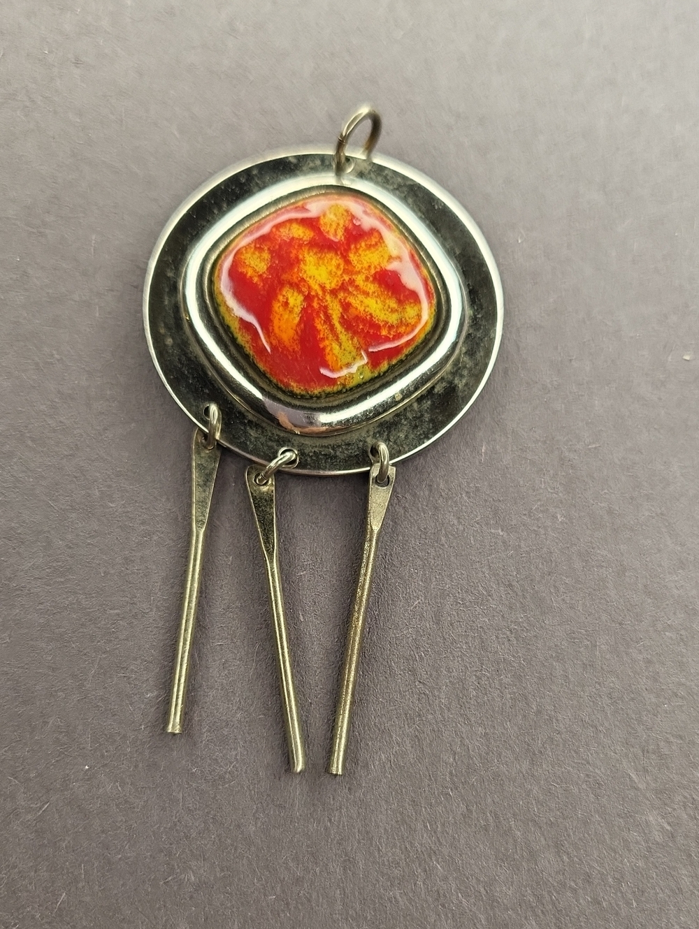 Handcrafted Red and Orange Enamel Silver Pendant with Dangle Accents